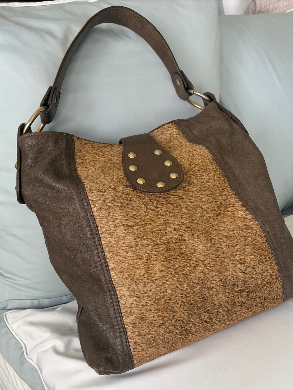 Maurizio Taiuti Green-Brown Leather & Camel color Cowhide Shoulder Bag